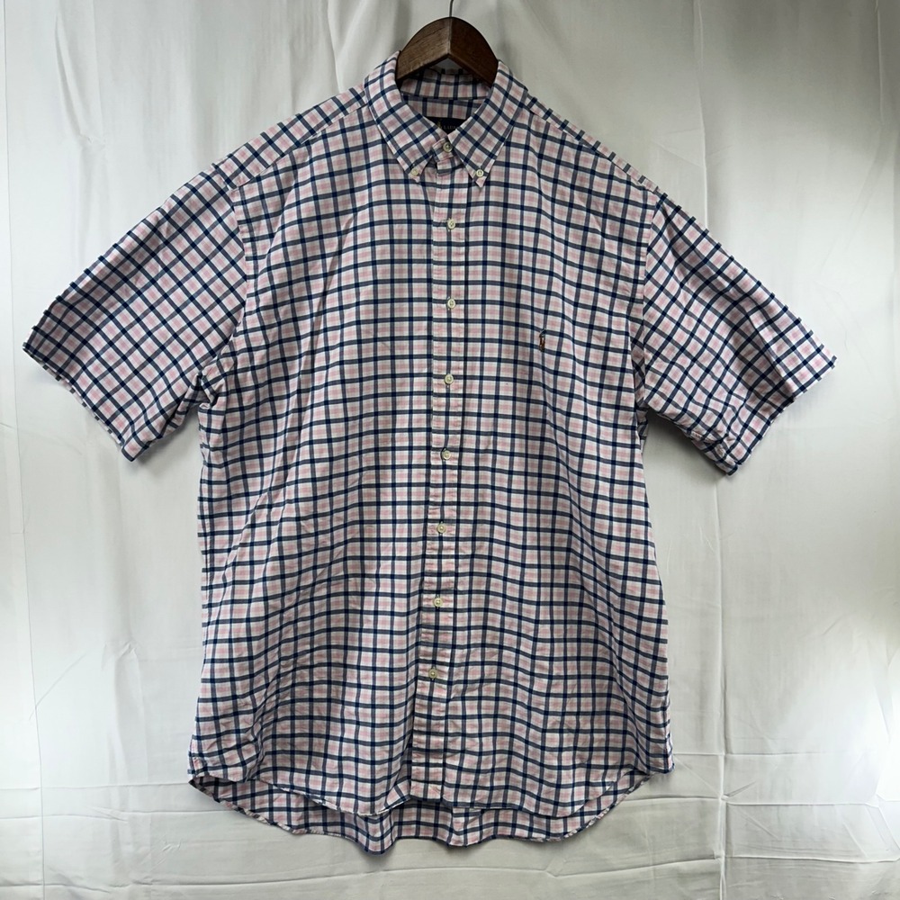 Ralph Lauren Button Down Shirt Mens XLT Pink Navy Blue Check Short Sleeve
